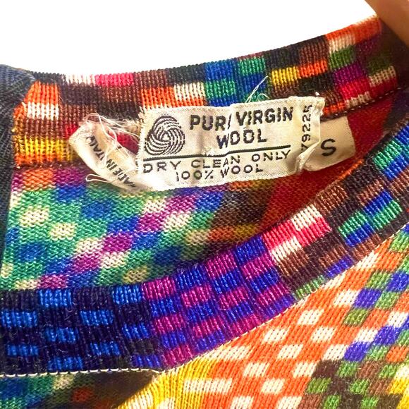 Vintage 1970s Goldworm Wool Rainbow Pixel Mod Midi Dress Art Eclectic Unique Sm - Picture 5 of 9